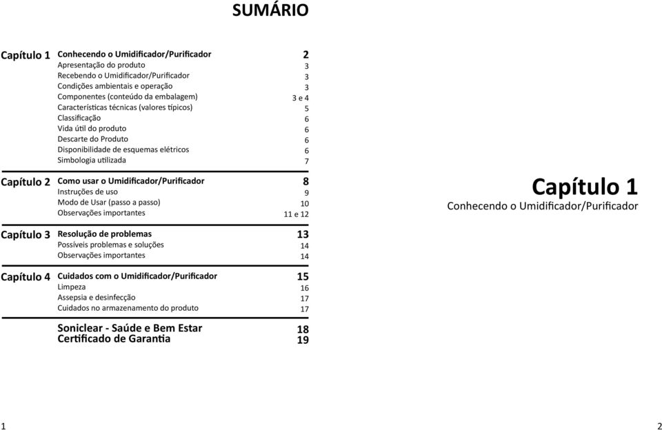 Instruções de uso Modo de Usar (passo a passo) Observações importantes 2 3 3 3 3 e 4 5 6 6 6 6 7 8 9 10 11 e 12 Capítulo 1 Conhecendo o Umidificador/Purificador Capítulo 3 Resolução de problemas