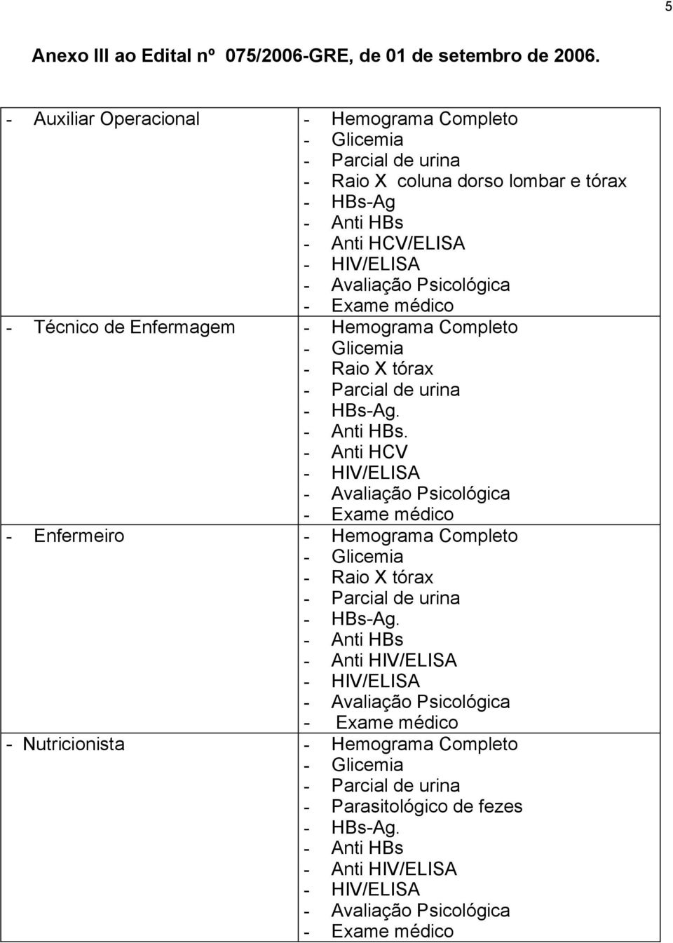 HCV/ELISA - Técnico de Enfermagem - Hemograma Completo - Raio X tórax.