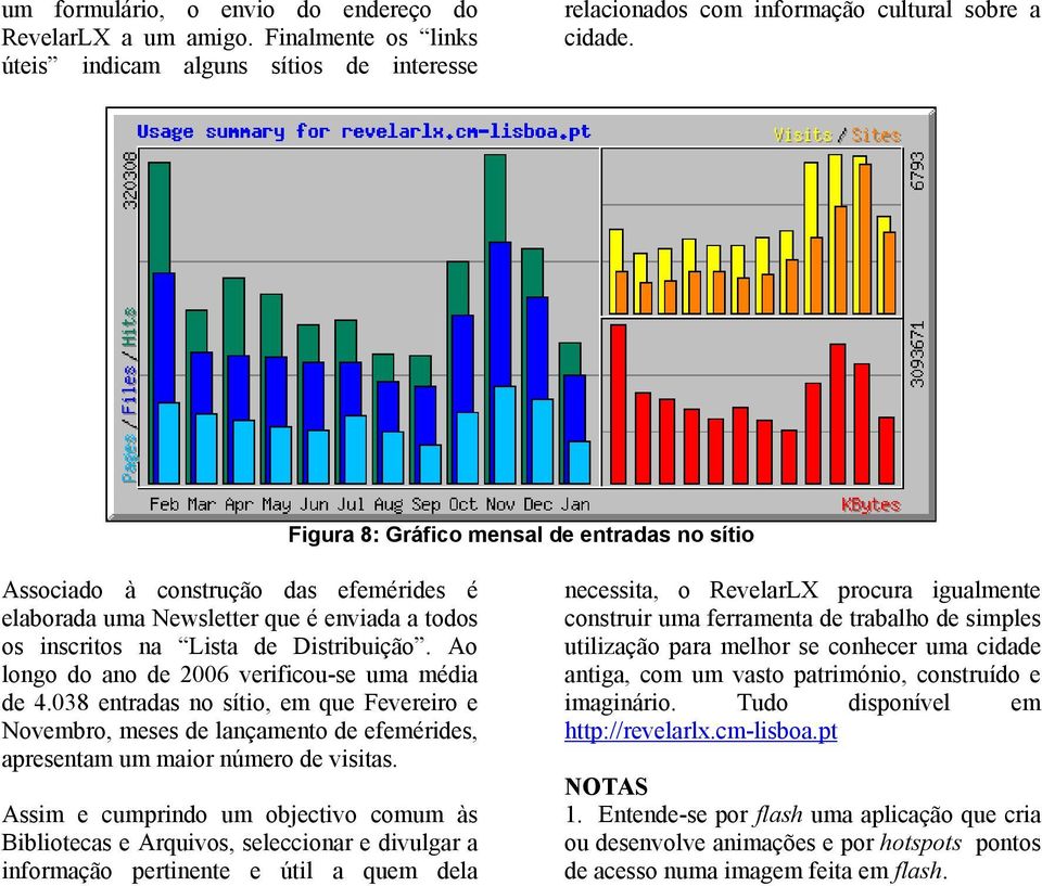 Ao longo do ano de 2006 verificou-se uma média de 4.038 entradas no sítio, em que Fevereiro e Novembro, meses de lançamento de efemérides, apresentam um maior número de visitas.