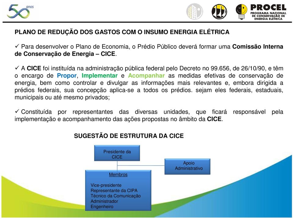 656, de 26/10/90, e têm o encargo de Propor, Implementar e Acompanhar as medidas efetivas de conservação de energia, bem como controlar e divulgar as informações mais relevantes e, embora dirigida a