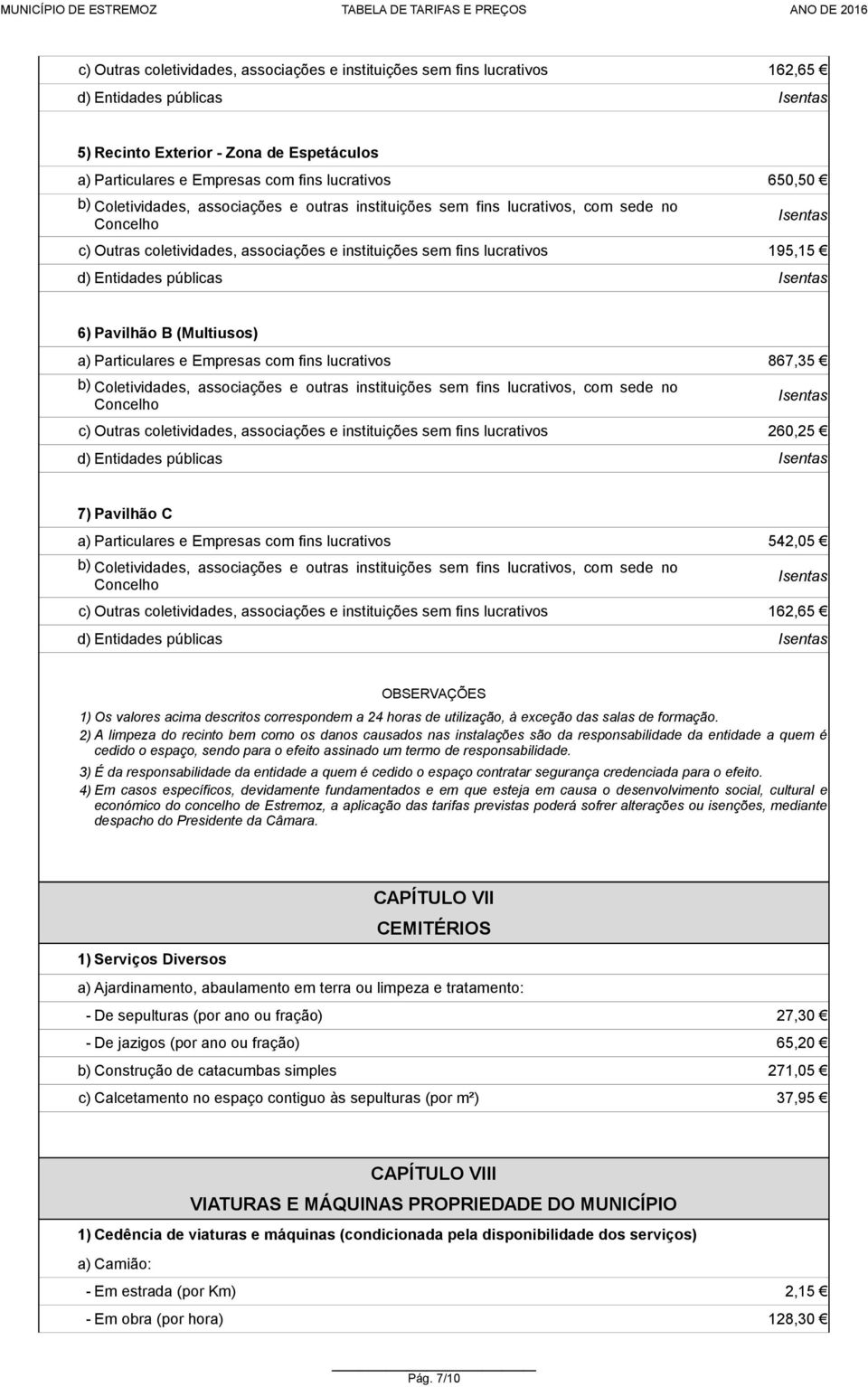 coletividades, associações e instituições sem fins lucrativos 260,25 d) Entidades públicas 7) Pavilhão C a) Particulares e Empresas com fins lucrativos 542,05 c) Outras coletividades, associações e