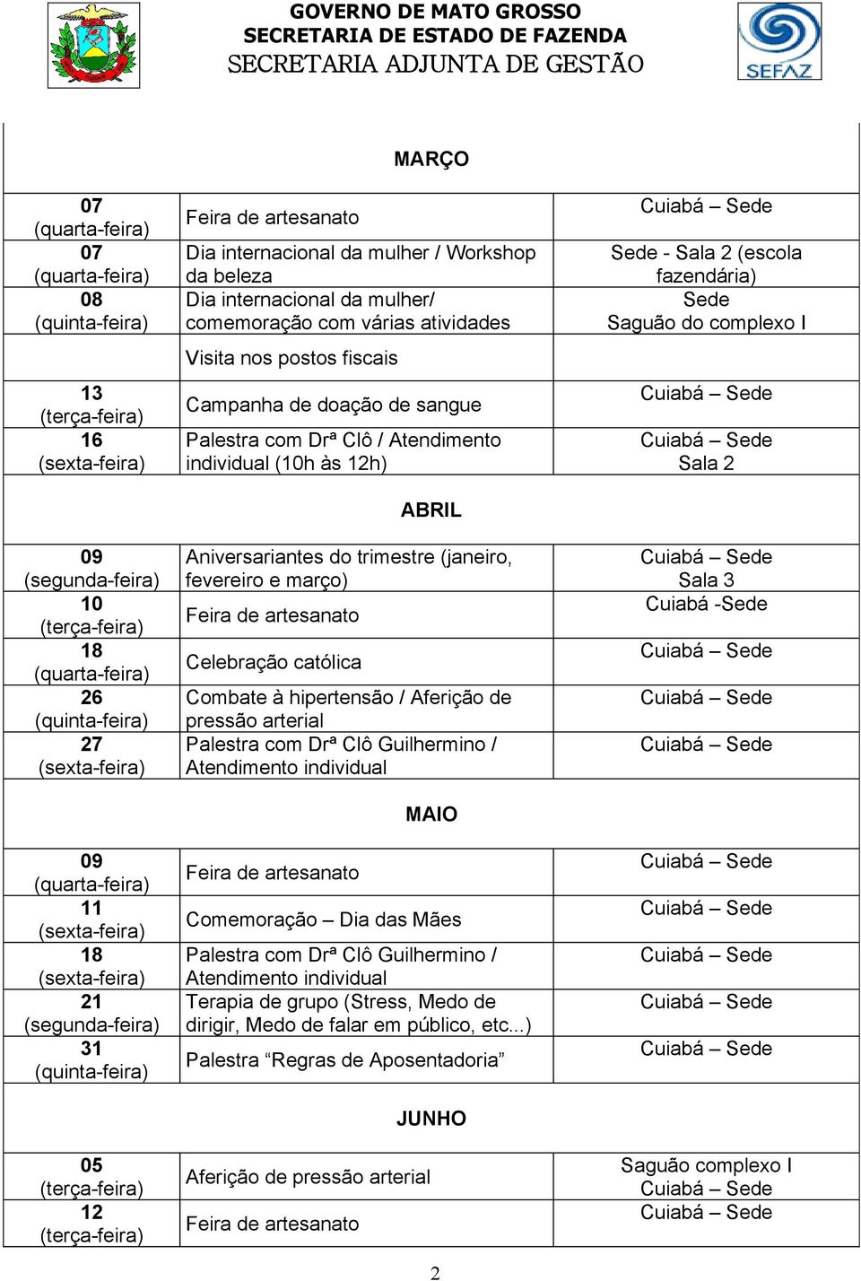 (janeiro, fevereiro e março) Combate à hipertensão / Aferição de pressão arterial Palestra / Atendimento individual MAIO Comemoração Dia das