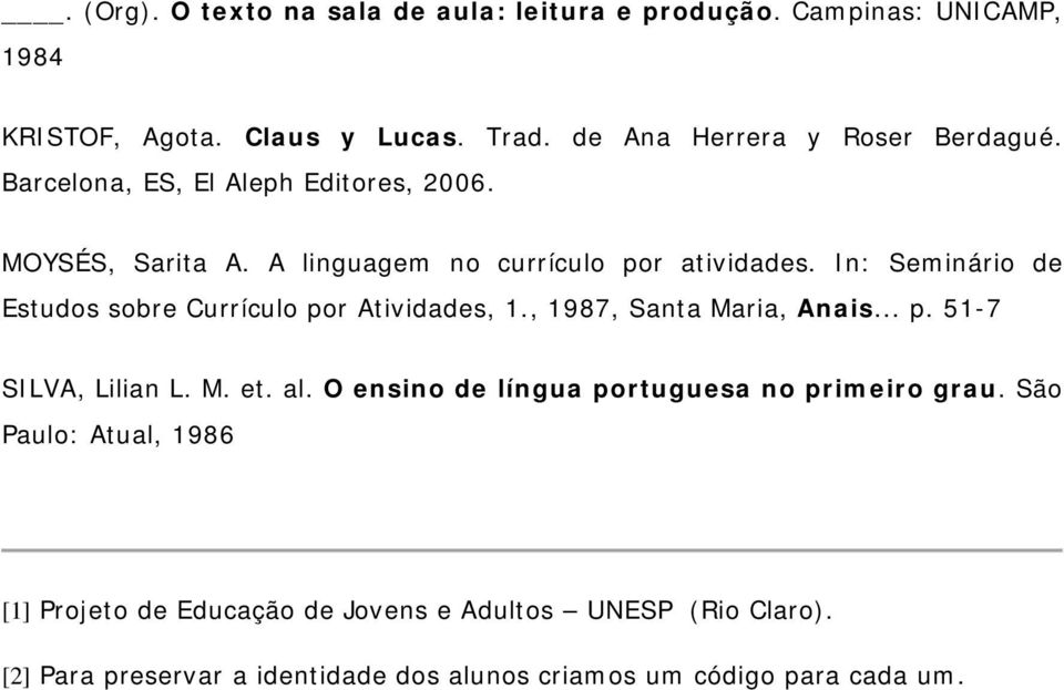 In: Seminário de Estudos sobre Currículo por Atividades, 1., 1987, Santa Maria, Anais... p. 51-7 SILVA, Lilian L. M. et. al.