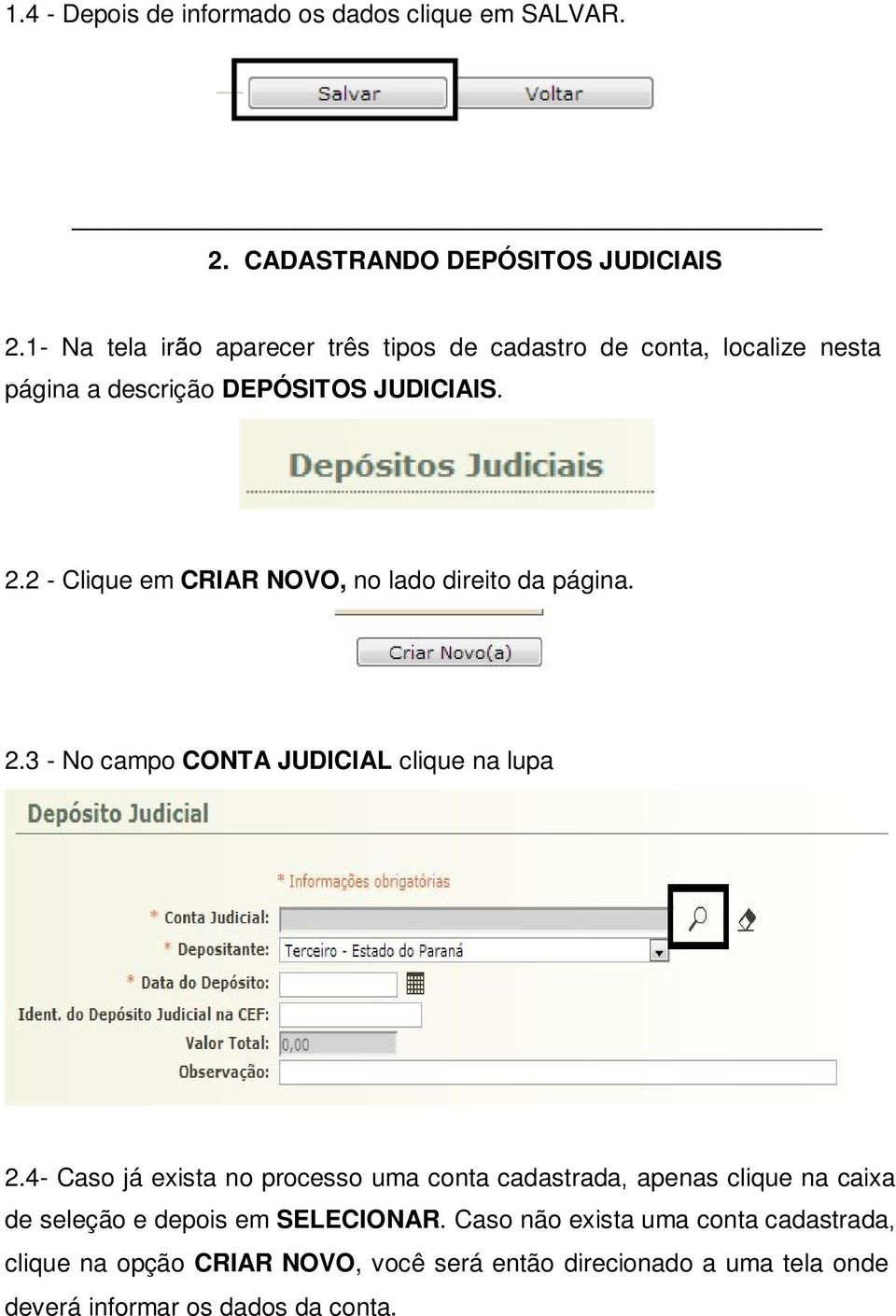 2 - Clique em CRIAR NOVO, no lado direito da página. 2.3 - No campo CONTA JUDICIAL clique na lupa 2.