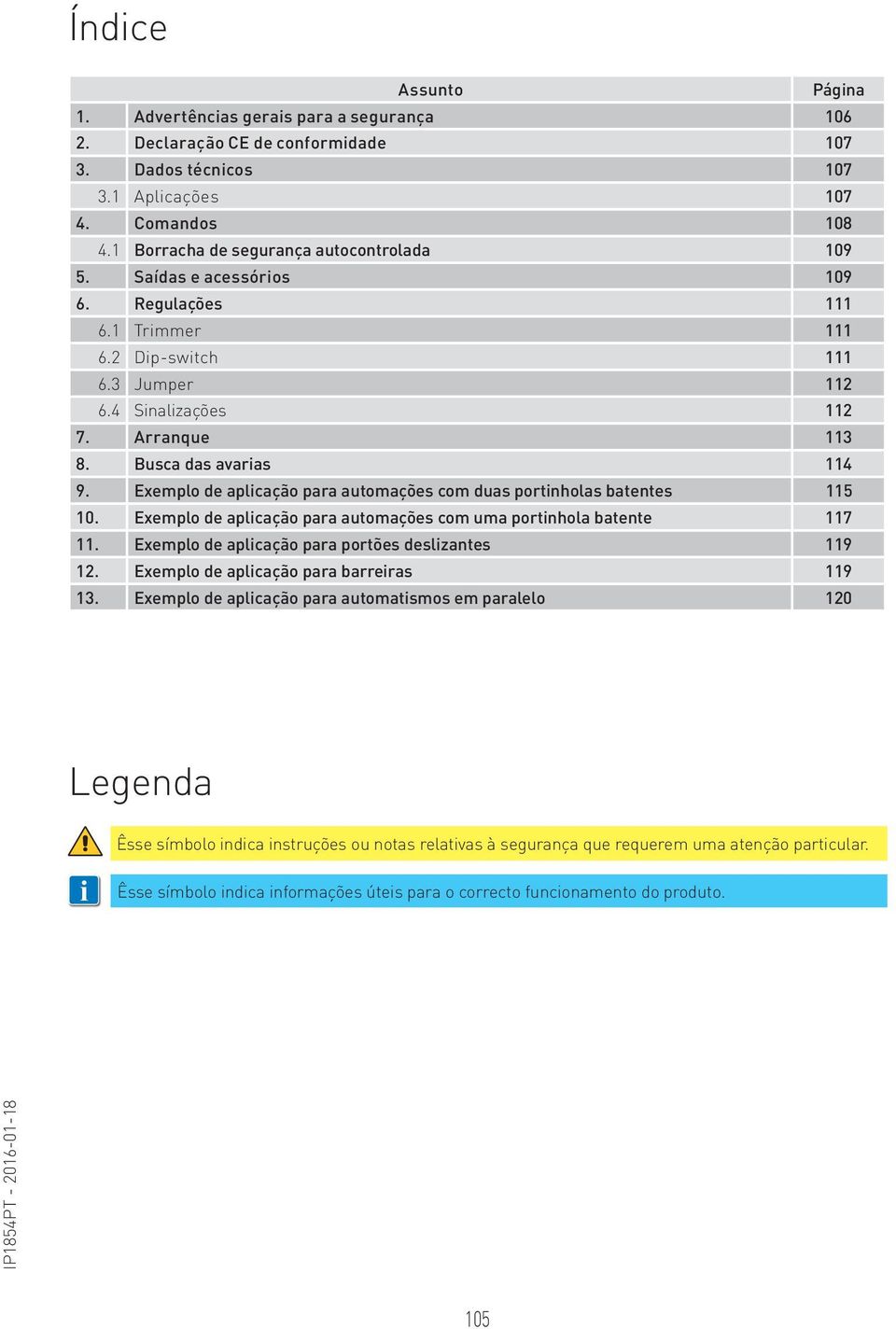 Busca das avarias 114 9. Exemplo de aplicação para automações com duas portinholas batentes 115 10. Exemplo de aplicação para automações com uma portinhola batente 117 11.