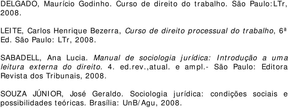 SABADELL, Ana Lucia. Manual de sociologia jurídica: Introdução a uma leitura externa do direito. 4. ed.rev.,atual.