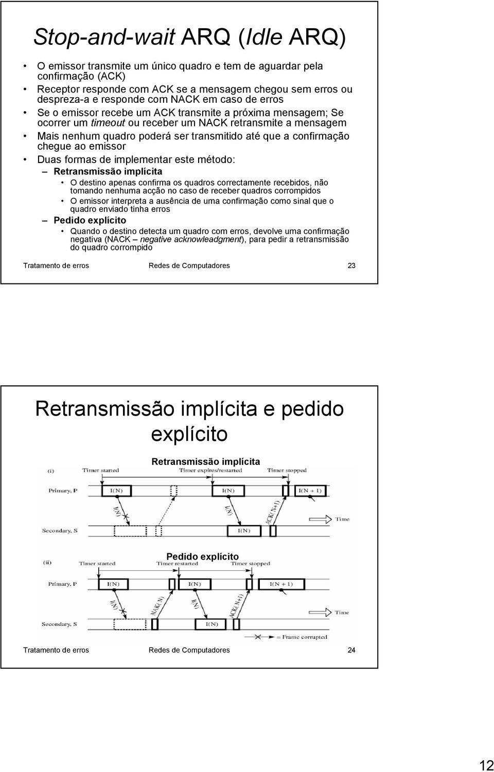 chegue ao emissor Duas formas de implementar este método: Retransmissão implícita O destino apenas confirma os quadros correctamente recebidos, não tomando nenhuma acção no caso de receber quadros