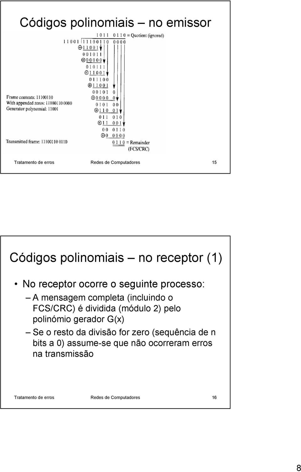 dividida (módulo 2) pelo polinómio gerador G(x) Se o resto da divisão for zero (sequência de n