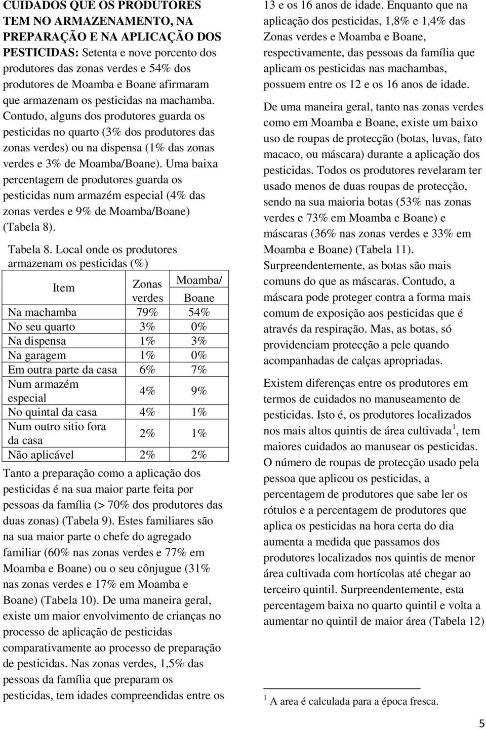 Uma baixa percentagem de produtores guarda os pesticidas num armazém especial (4% das zonas verdes e 9% de Moamba/Boane) (Tabela 8). Tabela 8.