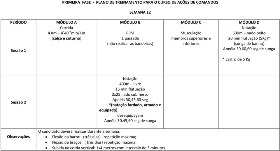 flutuação 2x25 nado submerso Apnéia 30,45,60 seg *(natação fardado, armado e equipado) desequipagem Apnéia 30,45,60 seg de sunga Flexão na