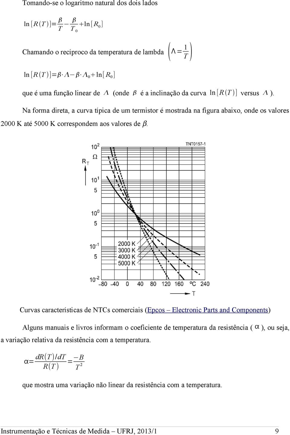 Curvas características de NTCs comerciais (Epcos Electronic Parts and Components) Alguns manuais e livros informam o coeficiente de temperatura da resistência ( α ), ou seja, a variação