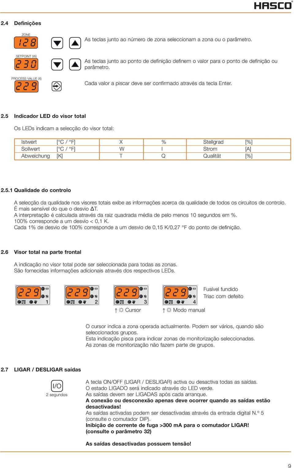 5 Indicador LED do visor total Os LEDs indicam a selecção do visor total: Istwert [ C / F] X % Stellgrad [%] Sollwert [ C / F] W I Strom [A] Abweichung [K] T Q Qualität [%] 2.5.1 Qualidade do controlo A selecção da qualidade nos visores totais exibe as informações acerca da qualidade de todos os circuitos de controlo.