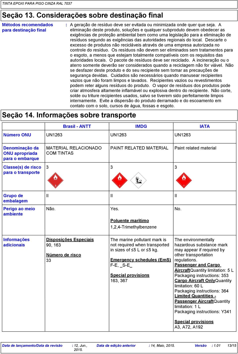 autoridades regionais do local. Descarte o excesso de produtos não recicláveis através de uma empresa autorizada no controle do resíduo.