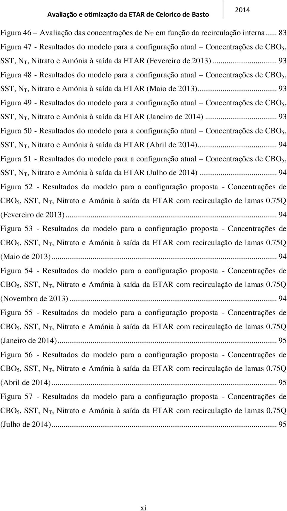 .. 93 Figura 48 - Resultados do modelo para a configuração atual Concentrações de CBO 5, SST, N T, Nitrato e Amónia à saída da ETAR (Maio de 2013).