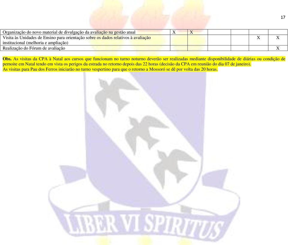 As visitas da CPA à Natal aos cursos que funcionam no turno noturno deverão ser realizadas mediante disponibilidade de diárias ou condição de pernoite em