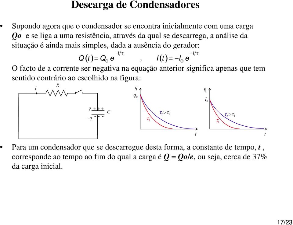 corrente ser negativa na equação anterior significa apenas que tem sentido contrário ao escolhido na figura: Para um condensador que se