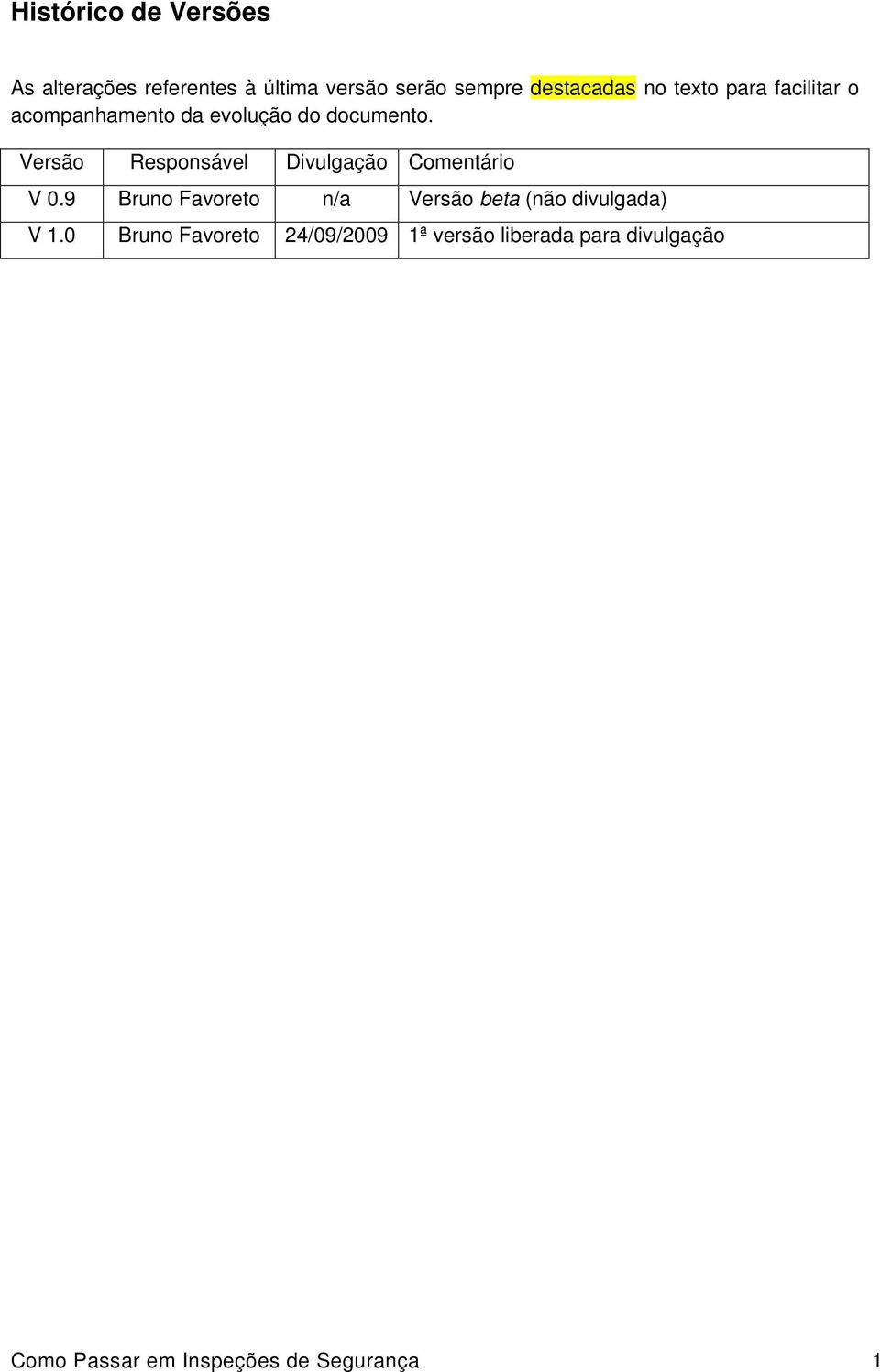 Versão Responsável Divulgação Comentário V 0.