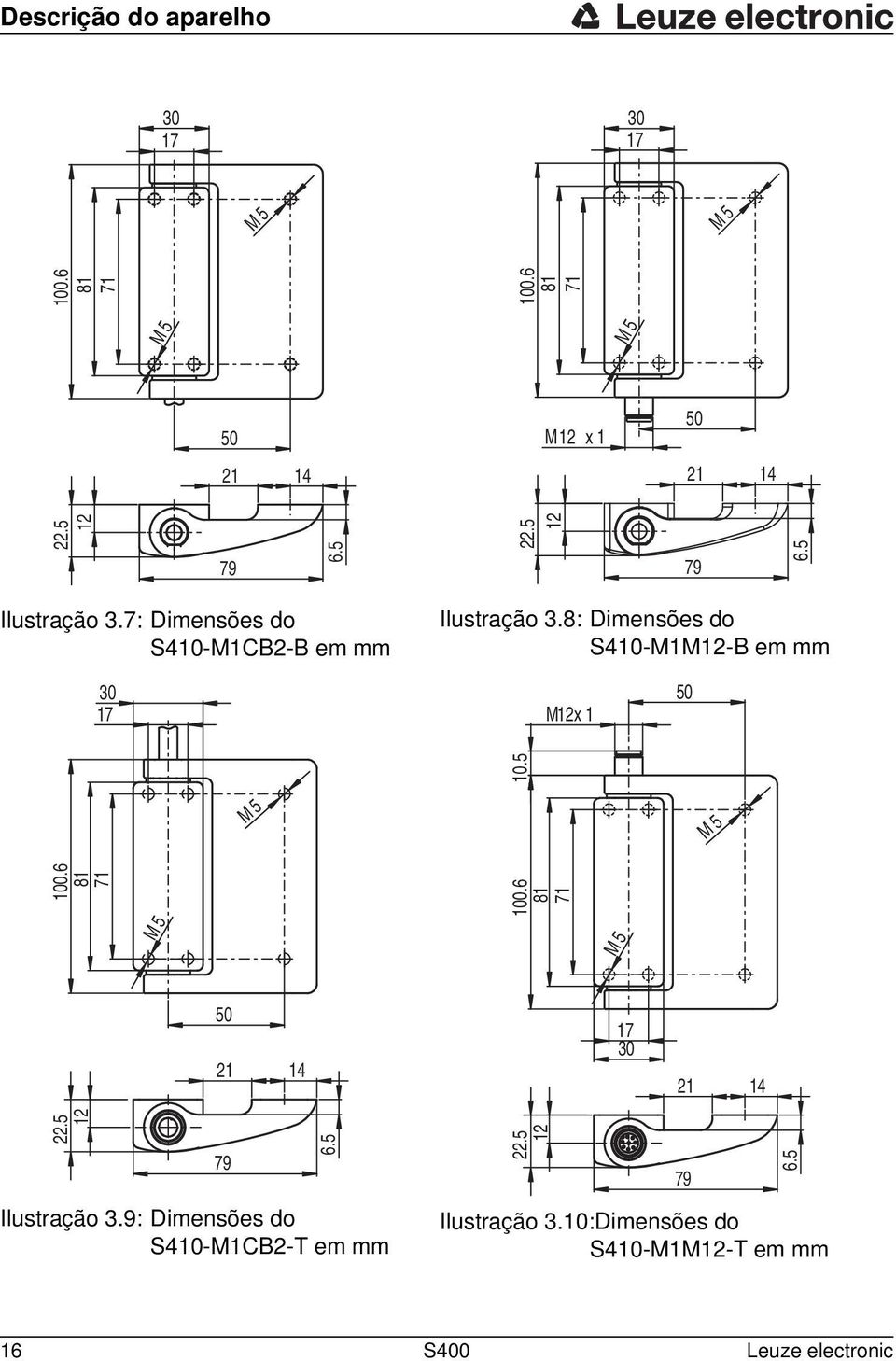 8: Dimensões do S410-M1M12-B em mm 30 17 M12x 1 50 100.6 81 71 100.6 81 71 10.5 M 5 50 21 14 17 30 21 14 12 22.