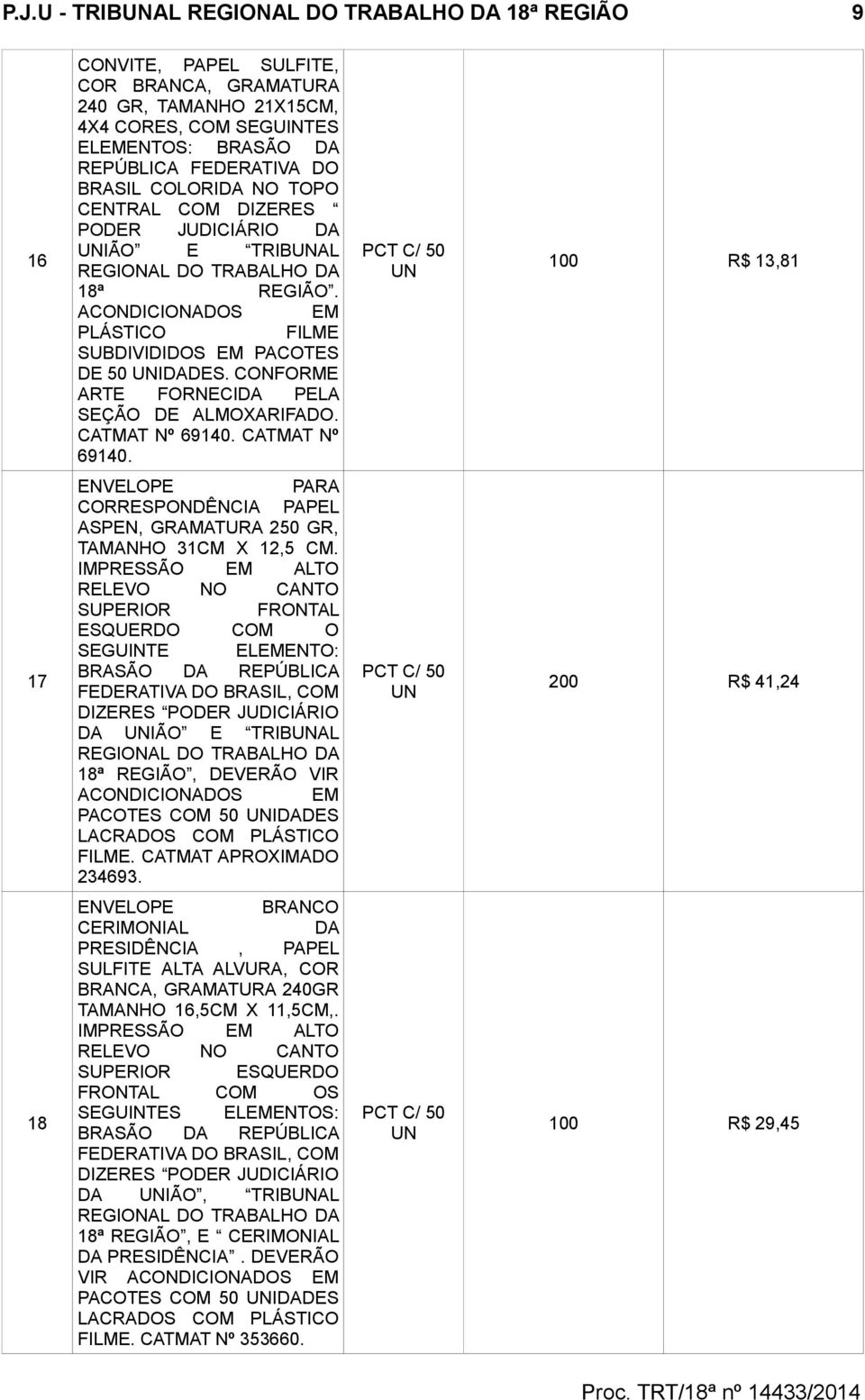 CONFORME ARTE FORNECIDA PELA SEÇÃO DE ALMOXARIFADO. CATMAT Nº 69140. CATMAT Nº 69140. 100 R$ 13,81 17 ENVELOPE PARA CORRESPONDÊNCIA PAPEL ASPEN, GRAMATURA 250 GR, TAMANHO 31CM X 12,5 CM.