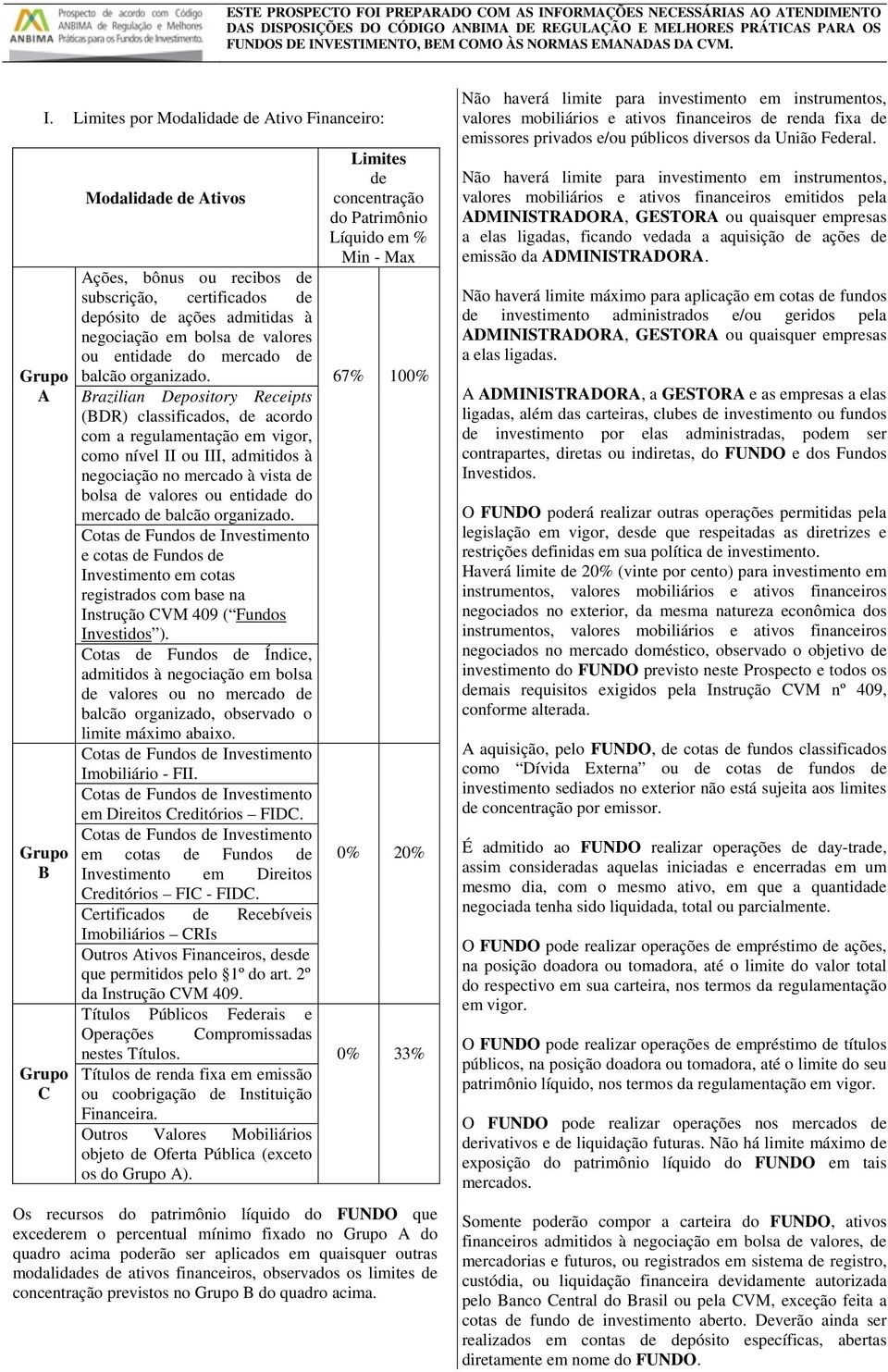 67% 100% Brazilian Depository Receipts (BDR) classificados, de acordo com a regulamentação em vigor, como nível II ou III, admitidos à negociação no mercado à vista de bolsa de valores ou entidade do