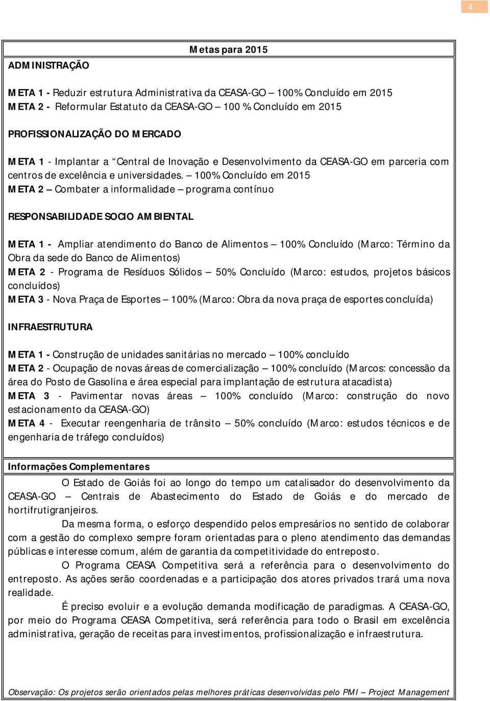 100% Concluído em 2015 META 2 Combater a informalidade programa contínuo RESPONSABILIDADE SOCIO AMBIENTAL META 1 - Ampliar atendimento do Banco de Alimentos 100% Concluído (Marco: Término da Obra da