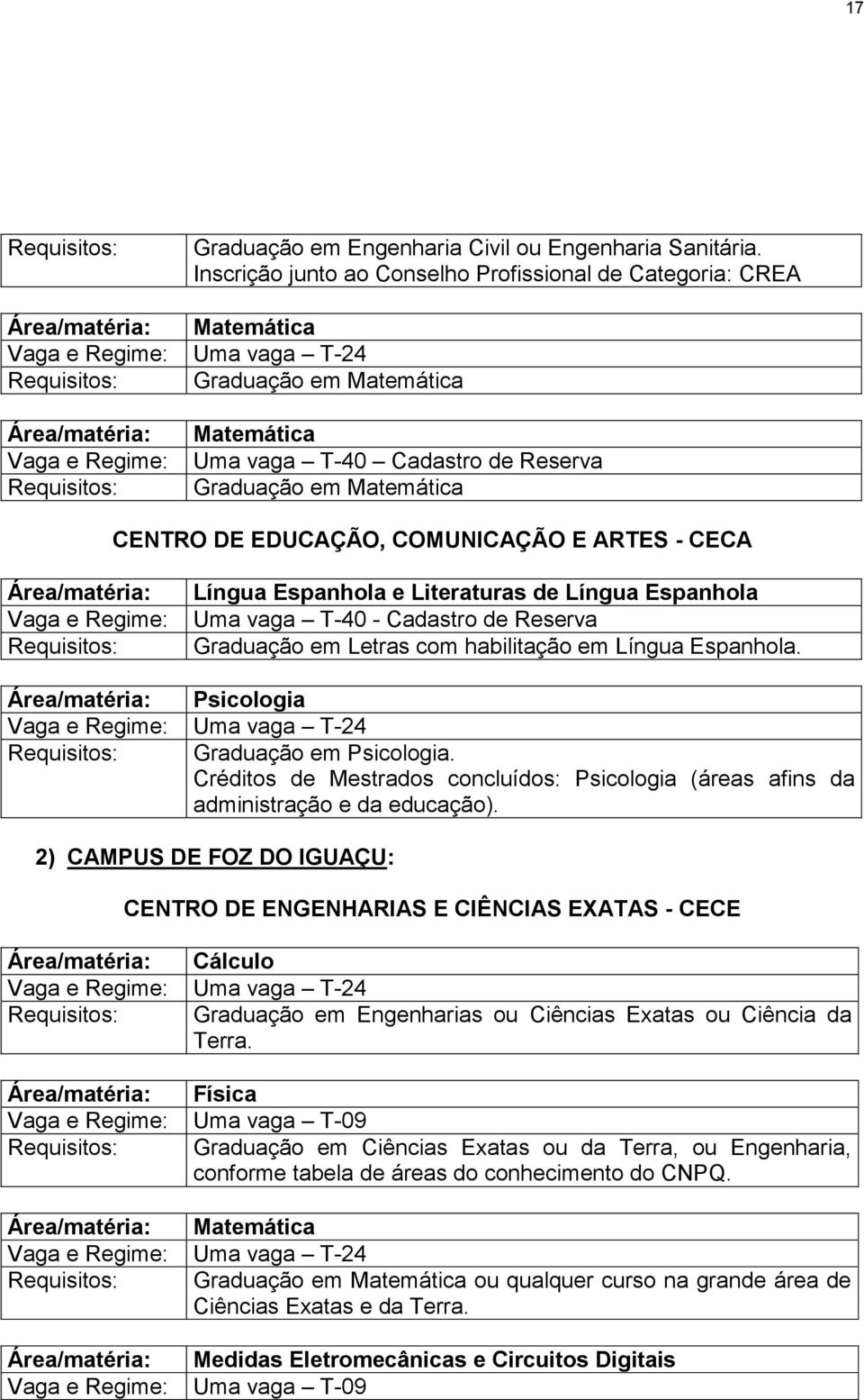 Matemática CENTRO DE EDUCAÇÃO, COMUNICAÇÃO E ARTES - CECA Área/matéria: Vaga e Regime: Língua Espanhola e Literaturas de Língua Espanhola Uma vaga T-40 - Cadastro de Reserva Graduação em Letras com