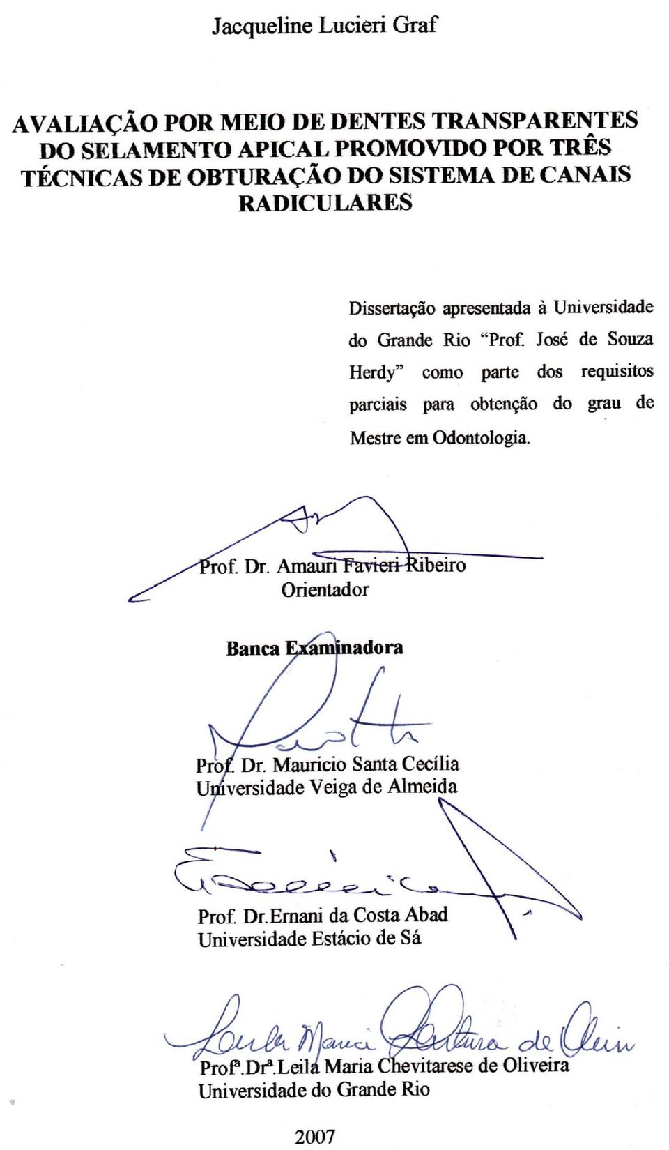 Rio Prof. José de Souza Herdy, como requisito parcial para obtenção do grau de Mestre em Odontologia.