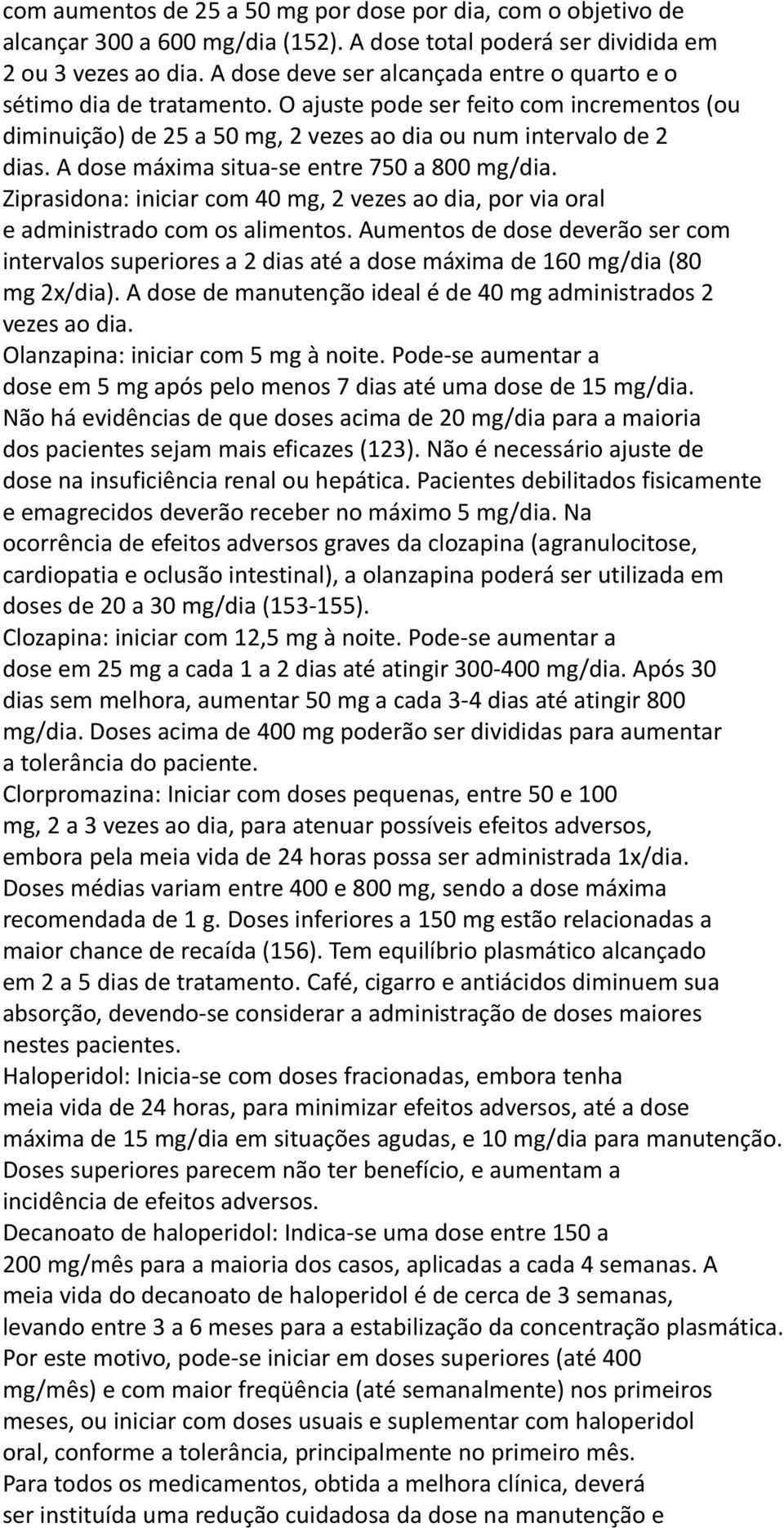 A dose máxima situa-se entre 750 a 800 mg/dia. Ziprasidona: iniciar com 40 mg, 2 vezes ao dia, por via oral e administrado com os alimentos.