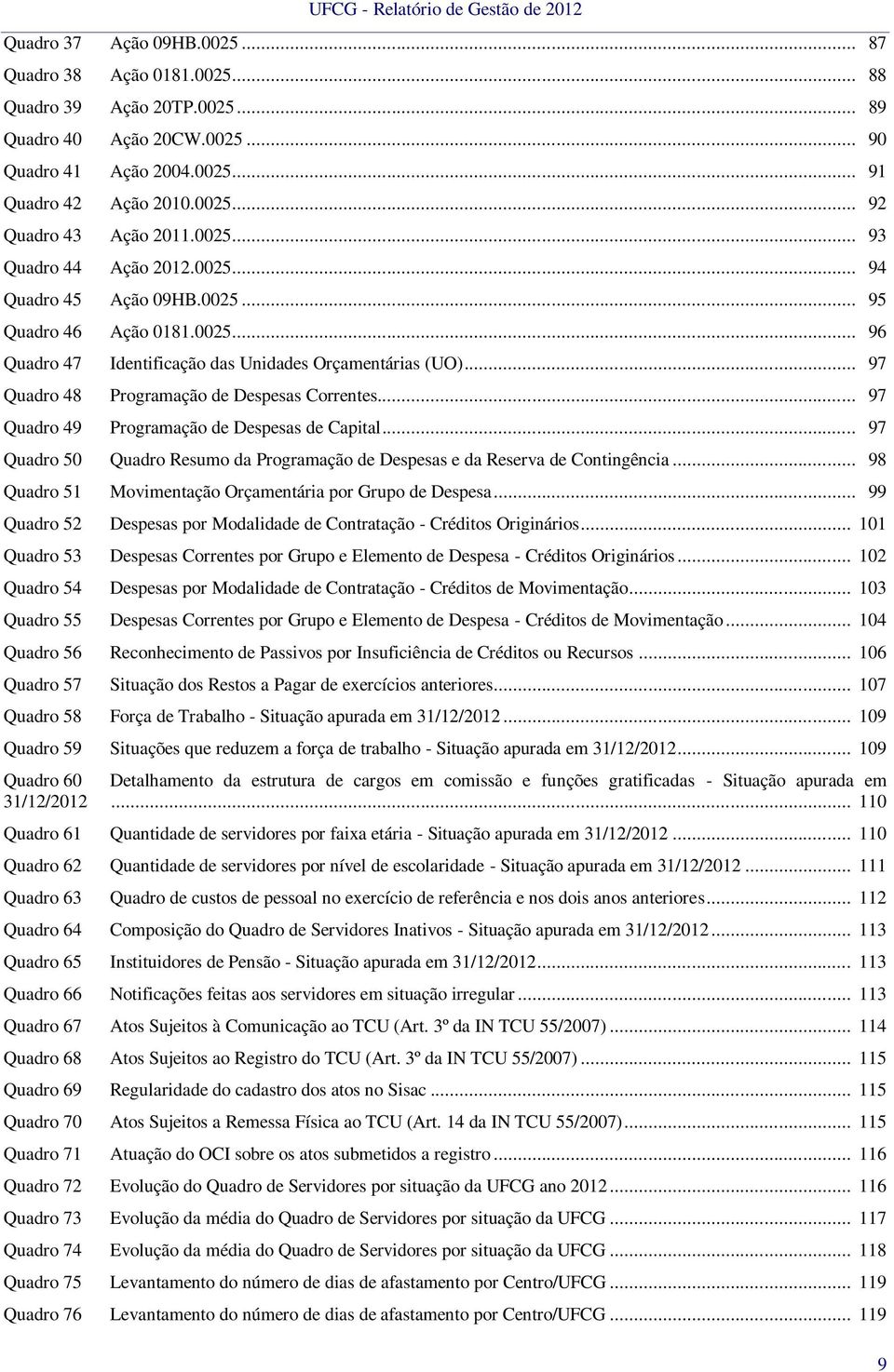 .. 97 Quadro 48 Programação de Despesas Correntes... 97 Quadro 49 Programação de Despesas de Capital... 97 Quadro 50 Quadro Resumo da Programação de Despesas e da Reserva de Contingência.