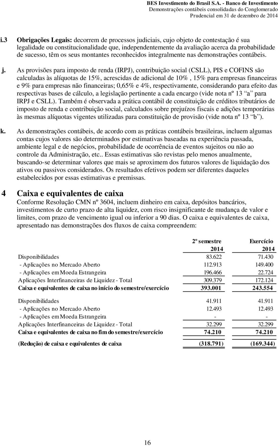 As provisões para imposto de renda (IRPJ), contribuição social (CSLL), PIS e COFINS são calculadas às alíquotas de 15%, acrescidas de adicional de 10%, 15% para empresas financeiras e 9% para