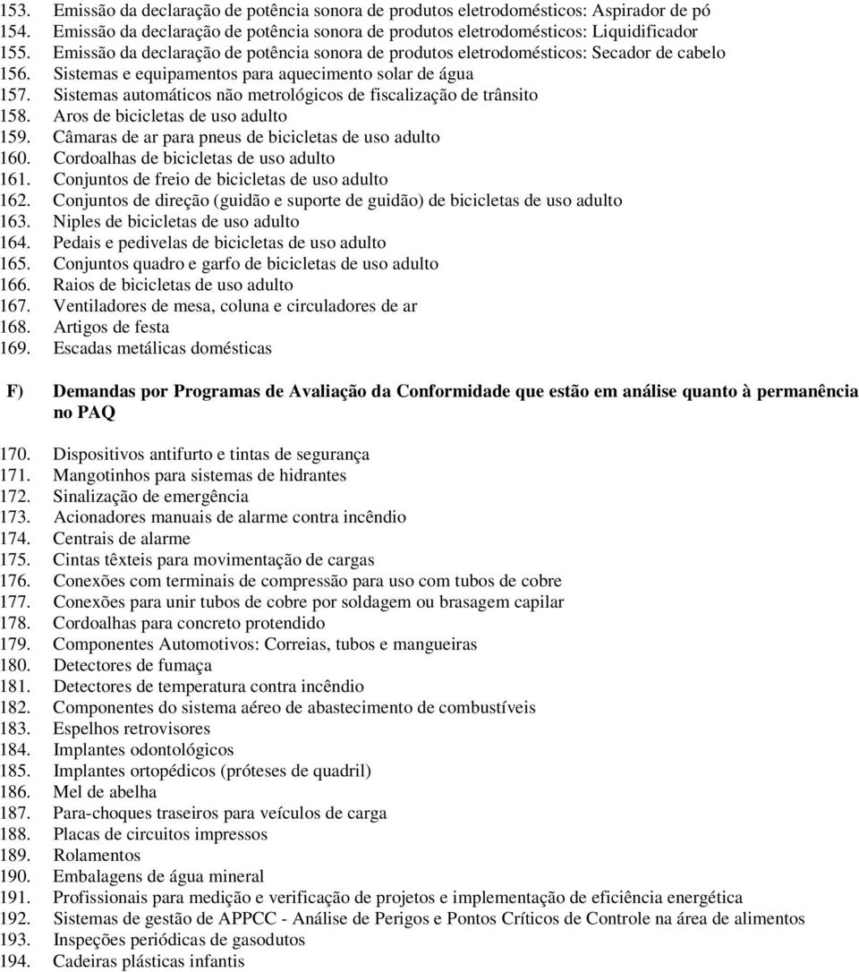 Sistemas automáticos não metrológicos de fiscalização de trânsito 158. Aros de bicicletas de uso adulto 159. Câmaras de ar para pneus de bicicletas de uso adulto 160.