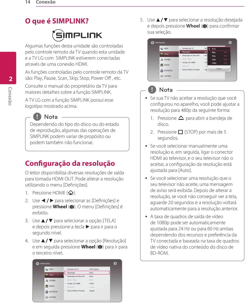 As funções controladas pelo controle remoto da TV são: Play, Pause, Scan, Skip, Stop, Power Off, etc. Consulte o manual do proprietário da TV para maiores detalhes sobre a função SIMPLINK.