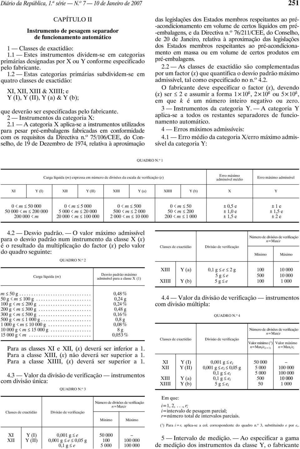 2 Estas categorias primárias subdividem-se em quatro classes de exactidão: XI, XII, XIII & XIIII; e Y (I), Y (II), Y (a) & Y (b); que deverão ser especificadas pelo fabricante.