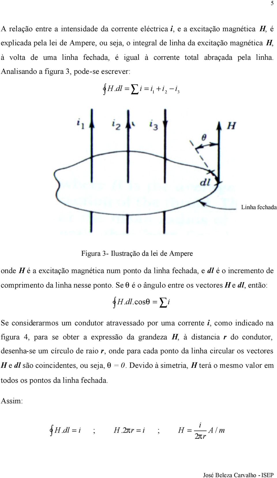i = 3 Linha fechada Figura 3- Ilustração da lei de Ampere onde H é a excitação magnética num ponto da linha fechada, e dl é o incremento de comprimento da linha nesse ponto.