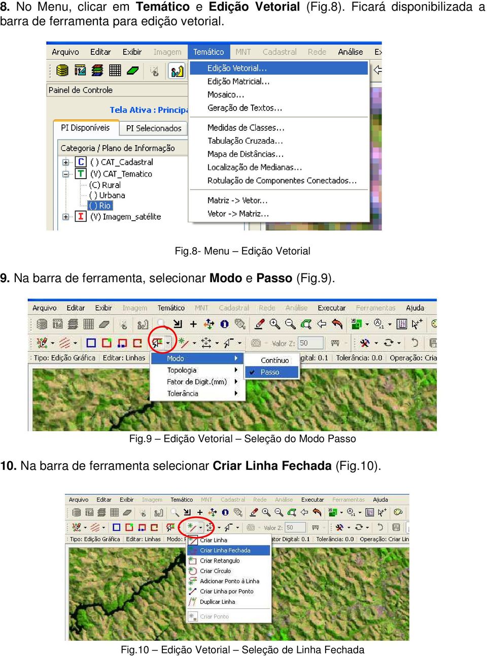 8- Menu Edição Vetorial 9. Na barra de ferramenta, selecionar Modo e Passo (Fig.9). Fig.