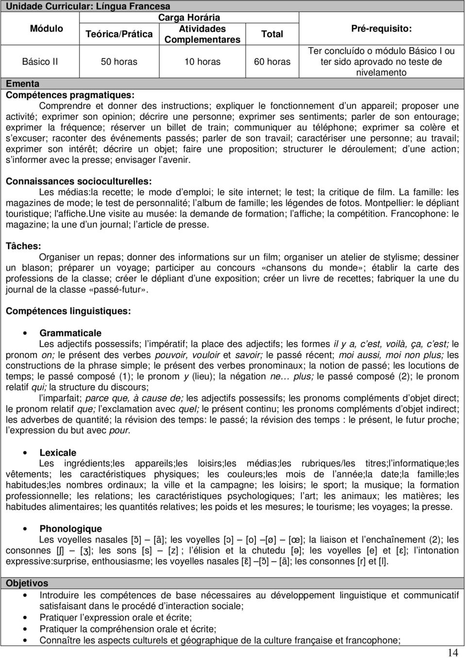 géographique de la culture française et francophone; 14 Total Básico II 50 horas 10 horas 60 horas Ter concluído o módulo Básico I ou ter sido aprovado no teste de nivelamento Ementa Compétences