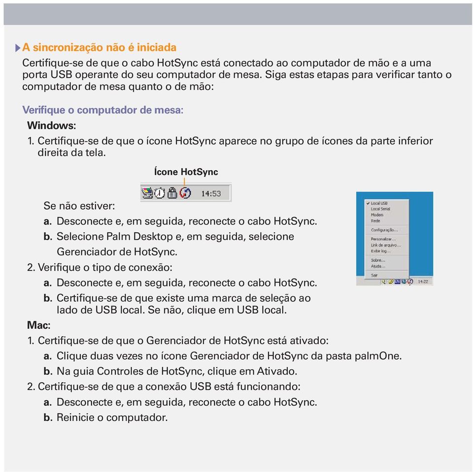 Certifique-se de que o ícone HotSync aparece no grupo de ícones da parte inferior direita da tela. Ícone HotSync Se não estiver: a. Desconecte e, em seguida, reconecte o cabo HotSync. b.