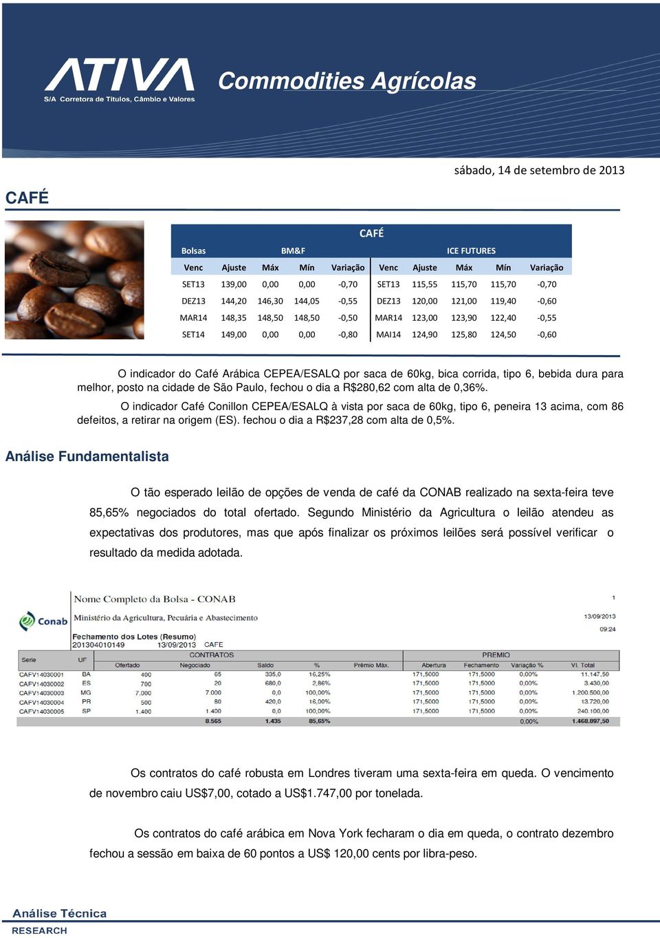 O indicador do Café Arábica CEPEA/ESALQ por saca de 60kg, bica corrida, tipo 6, bebida dura para melhor, posto na cidade de São Paulo, fechou o dia a R$280,62 com alta de 0,36%.