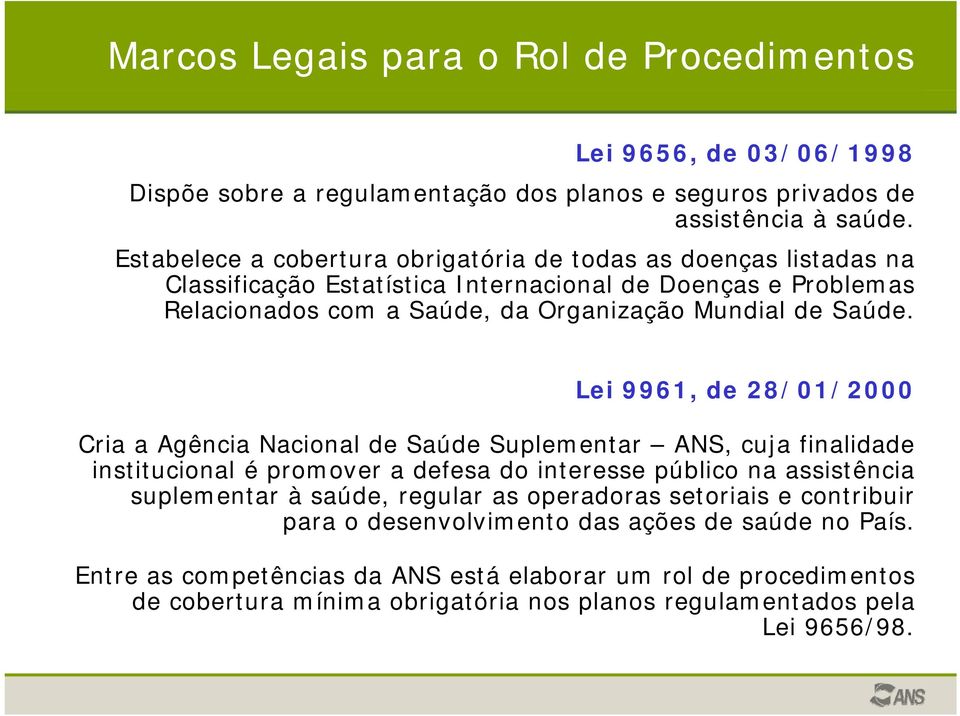 Lei 9961, de 28/01/2000 Cria a Agência Nacional de Saúde Suplementar ANS, cuja finalidade institucional é promover a defesa do interesse público na assistência suplementar à saúde, regular