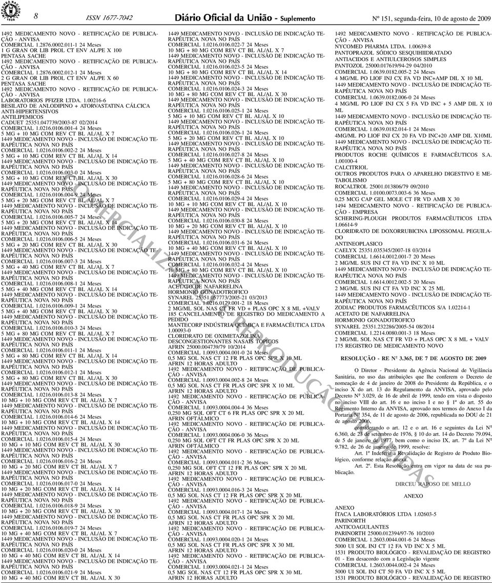 DE PUBLICA- ÇÃO - ANVISA LABORATORIOS PFIZER LTDA 100216-6 BESILATO DE ANLODIPINO + ATORVASTATINA CÁLCICA A N T I - H I P E RT E N S I V O S ANTILIPEMICOS CADUET 25351047739/2003-87 02/2014 COMERCIAL