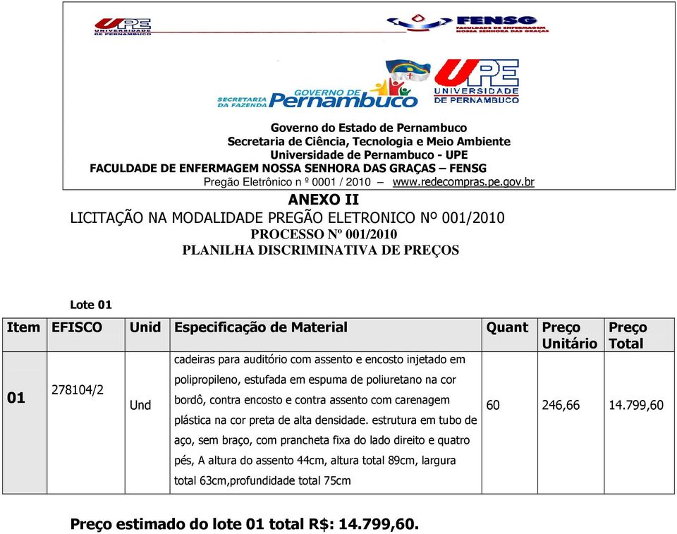 Preço Unitário 01 278104/2 Und cadeiras para auditório com assento e encosto injetado em polipropileno, estufada em espuma de poliuretano na cor bordô, contra encosto e contra