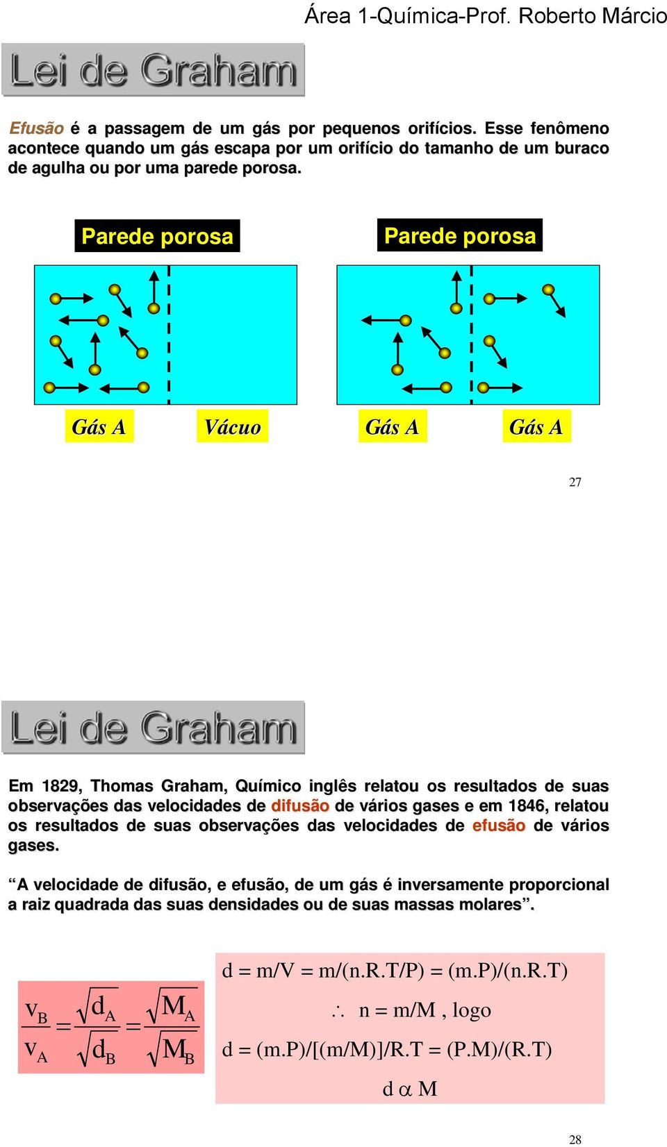 e em 1846, relatou os resultados de suas observações das velocidades de efusão de vários gases.