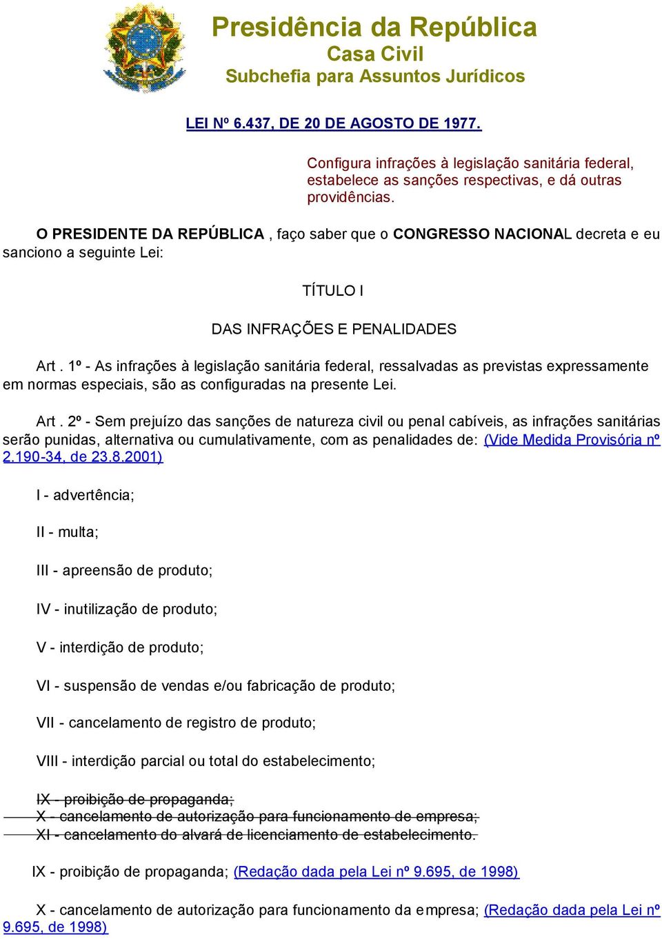 O PRESIDENTE DA REPÚBLICA, faço saber que o CONGRESSO NACIONAL decreta e eu sanciono a seguinte Lei: TÍTULO I DAS INFRAÇÕES E PENALIDADES Art.