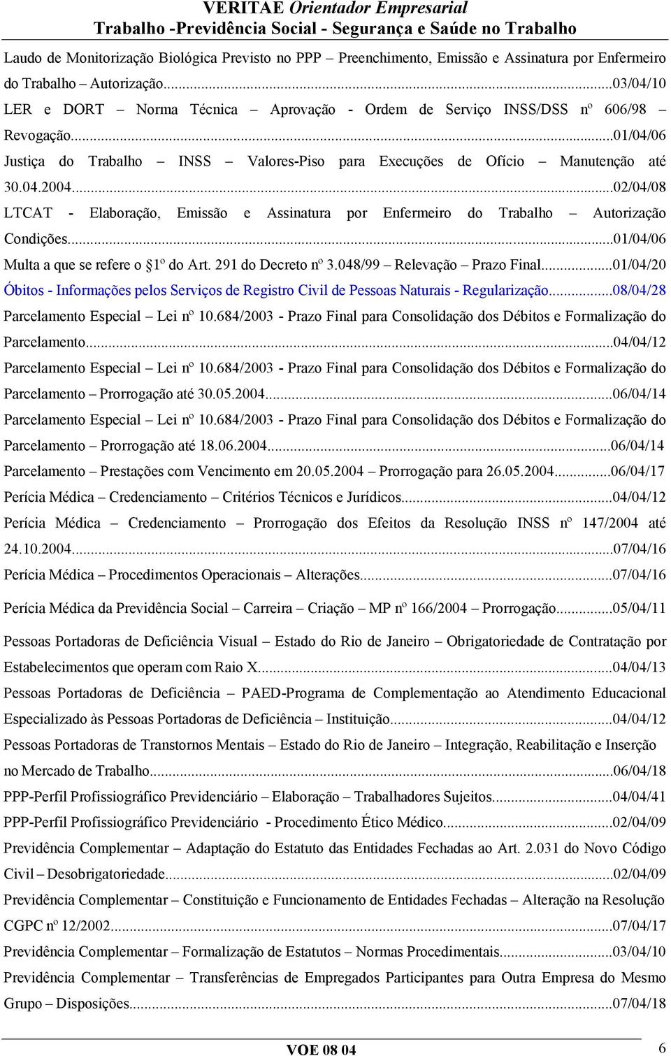 ..02/04/08 LTCAT - Elaboração, Emissão e Assinatura por Enfermeiro do Trabalho Autorização Condições...01/04/06 Multa a que se refere o 1º do Art. 291 do Decreto nº 3.048/99 Relevação Prazo Final.