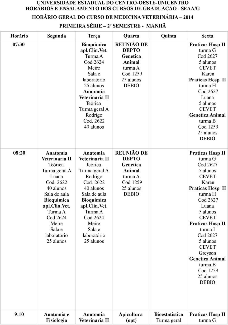 Cod 2624 Meire Teórica A Rodrigo 40 alunos REUNIÃO DE DEPTO Genetica turma A Cod 1259 DEBIO turma G Karen turma H Genetica turma B Cod 1259 DEBIO 08:20 Teórica A 40 alunos