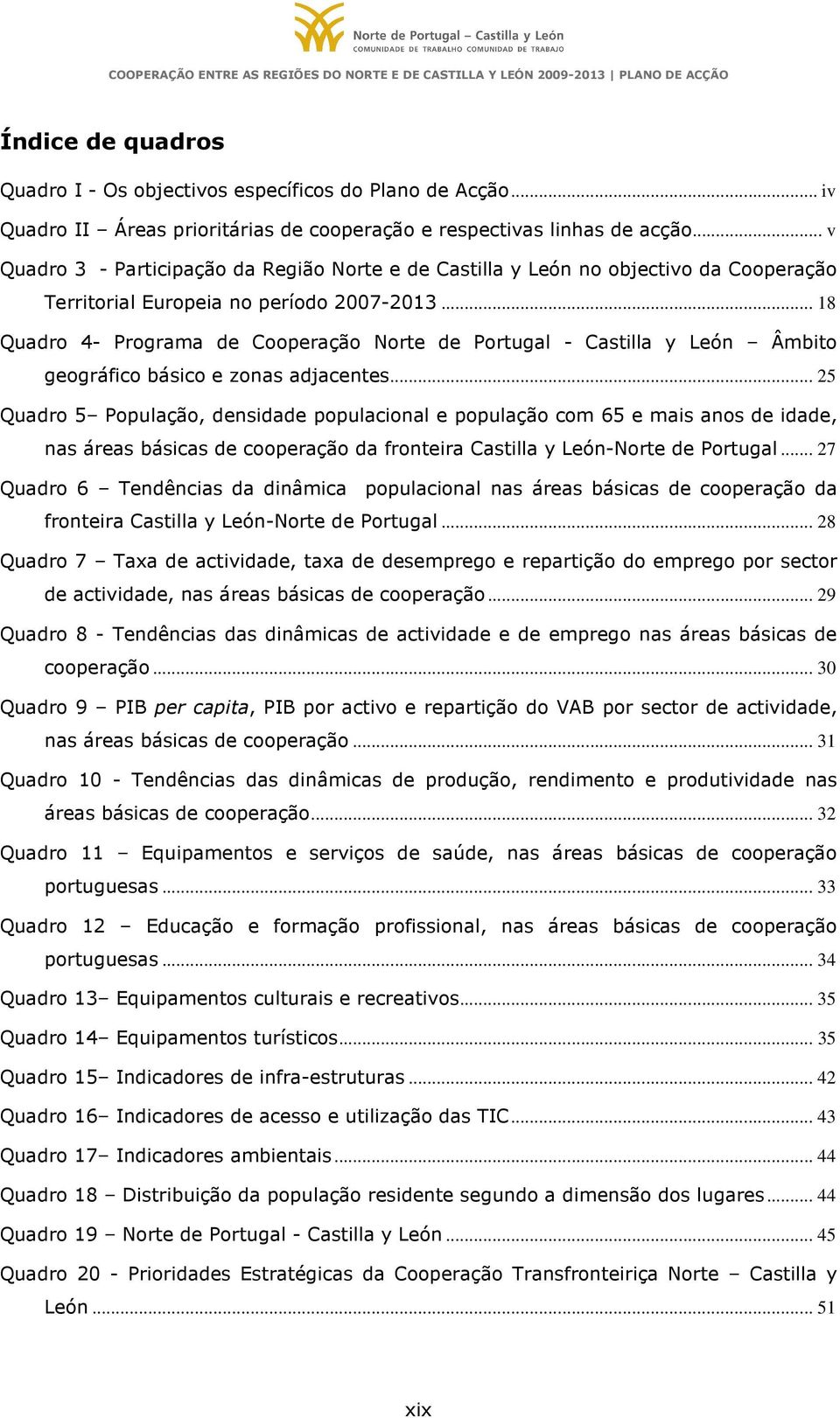 .. 18 Quadro 4- Programa de Cooperação Norte de Portugal - Castilla y León Âmbito geográfico básico e zonas adjacentes.