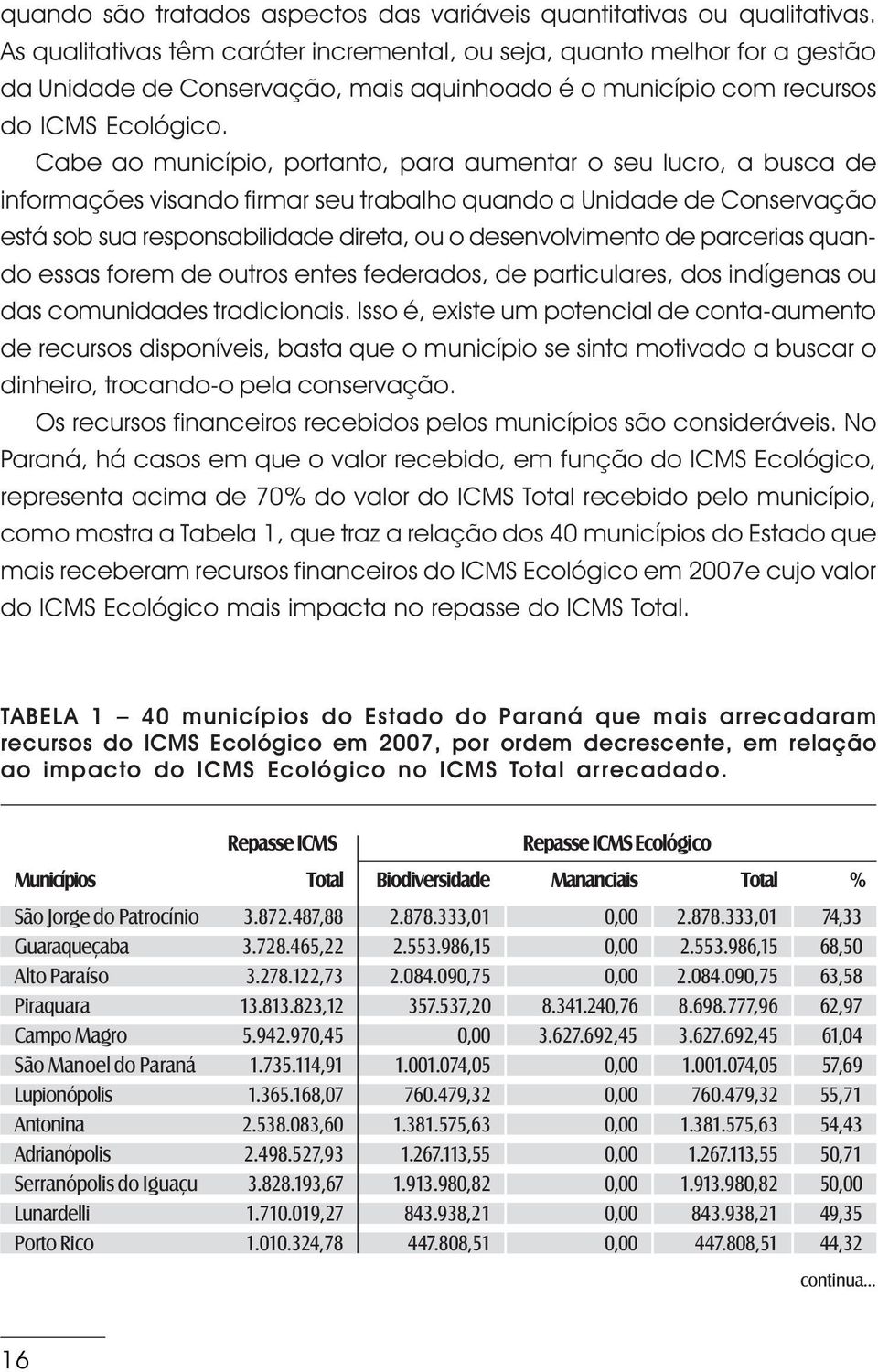 Cabe ao município, portanto, para aumentar o seu lucro, a busca de informações visando firmar seu trabalho quando a Unidade de Conservação está sob sua responsabilidade direta, ou o desenvolvimento