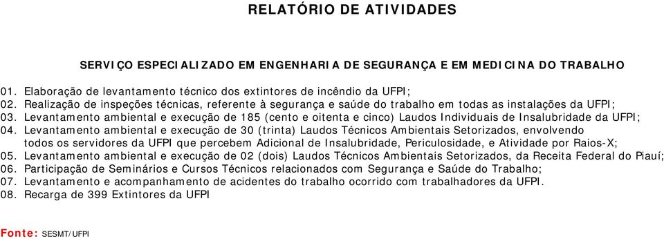 Levantamento ambiental e execução de 185 (cento e oitenta e cinco) Laudos Individuais de Insalubridade da UFPI; 04.