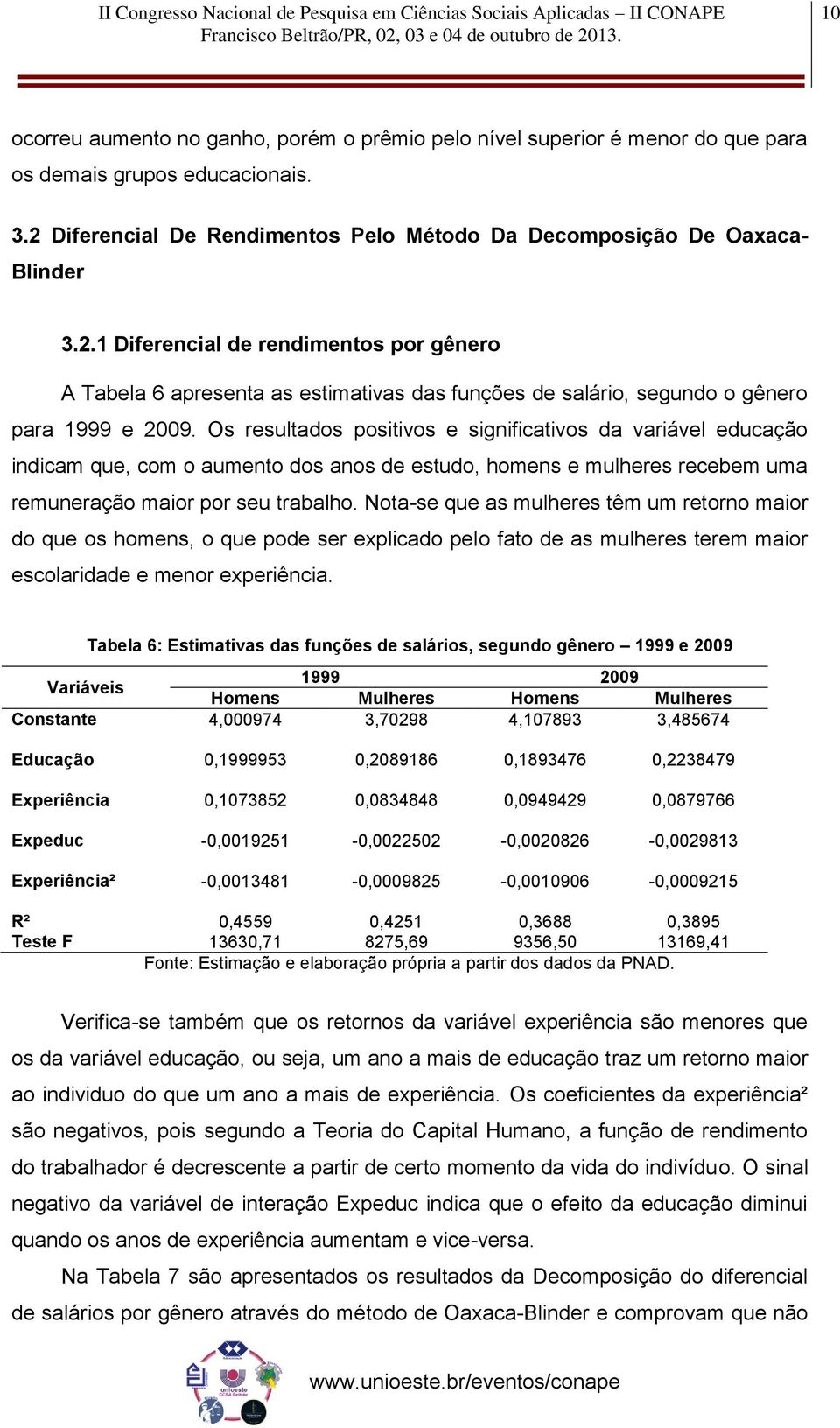 1 Diferencial de rendimentos por gênero A Tabela 6 apresenta as estimativas das funções de salário, segundo o gênero para 1999 e 2009.
