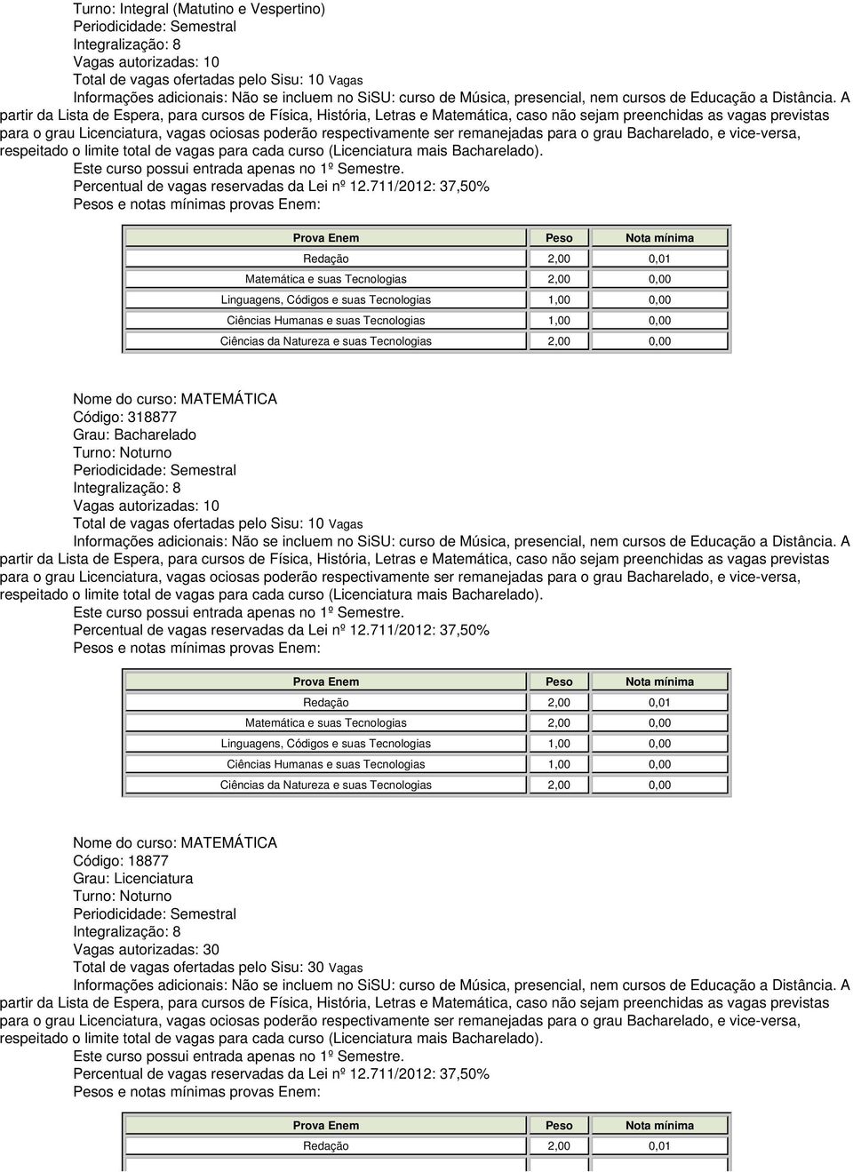 autorizadas: 10 Total de vagas ofertadas pelo Sisu: 10 Vagas Nome do curso: